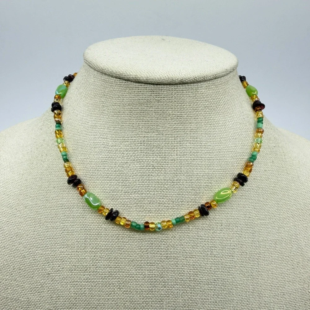 Necklace Vintage Green Amber Tone Glass Beaded Cottagecore Boho Statement Chain